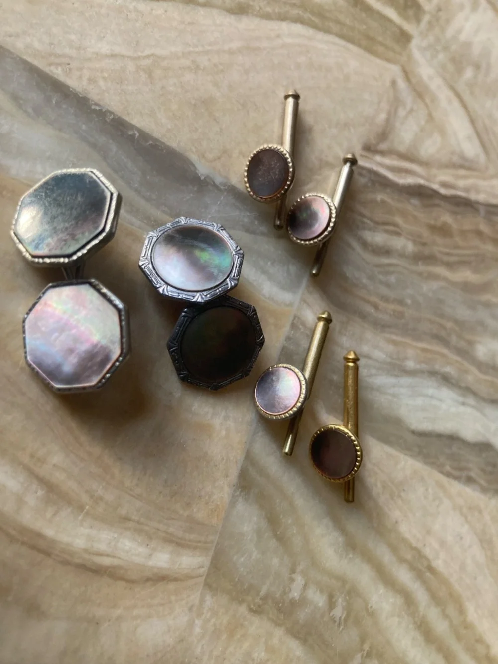 Vintage Mother-of-Pearl Cufflinks & 4 Shirt Studs Formal Dress Set